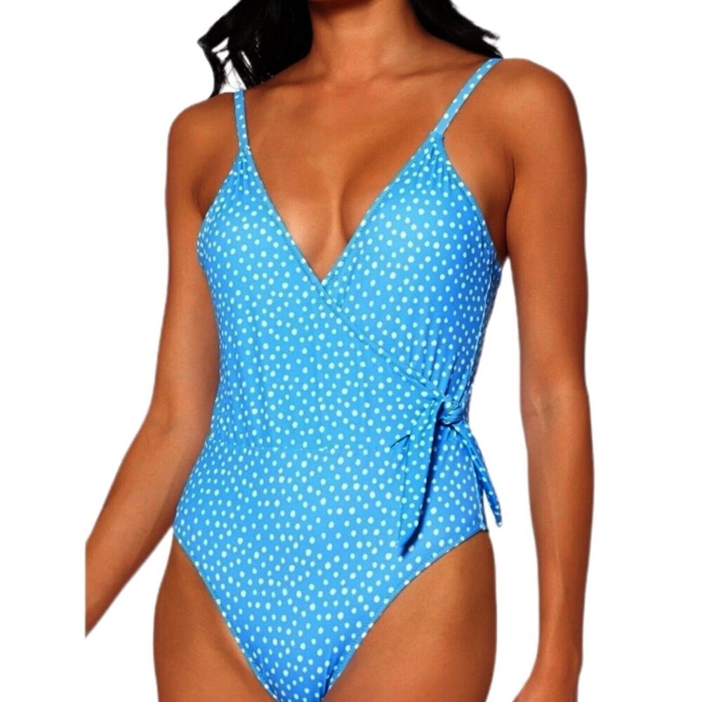 NWD Jessica Simpson Baby Blue V Neck One Piece Polka Dot Swimsuit Size Large